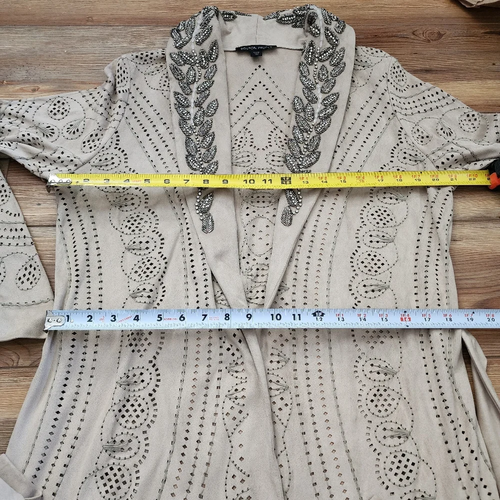 Boston Proper Jacket Women's M Beige Embellished Faux Suede Mid Length Boho